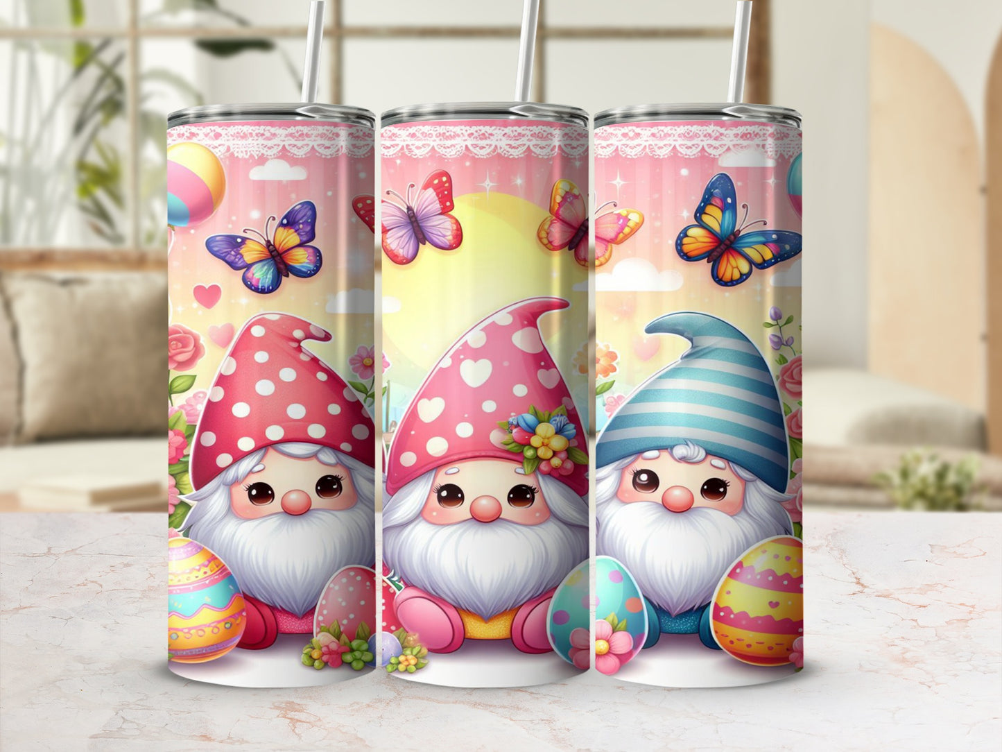 Three gnomes with Easter eggs and butterflies, pink and blue gnome hats.