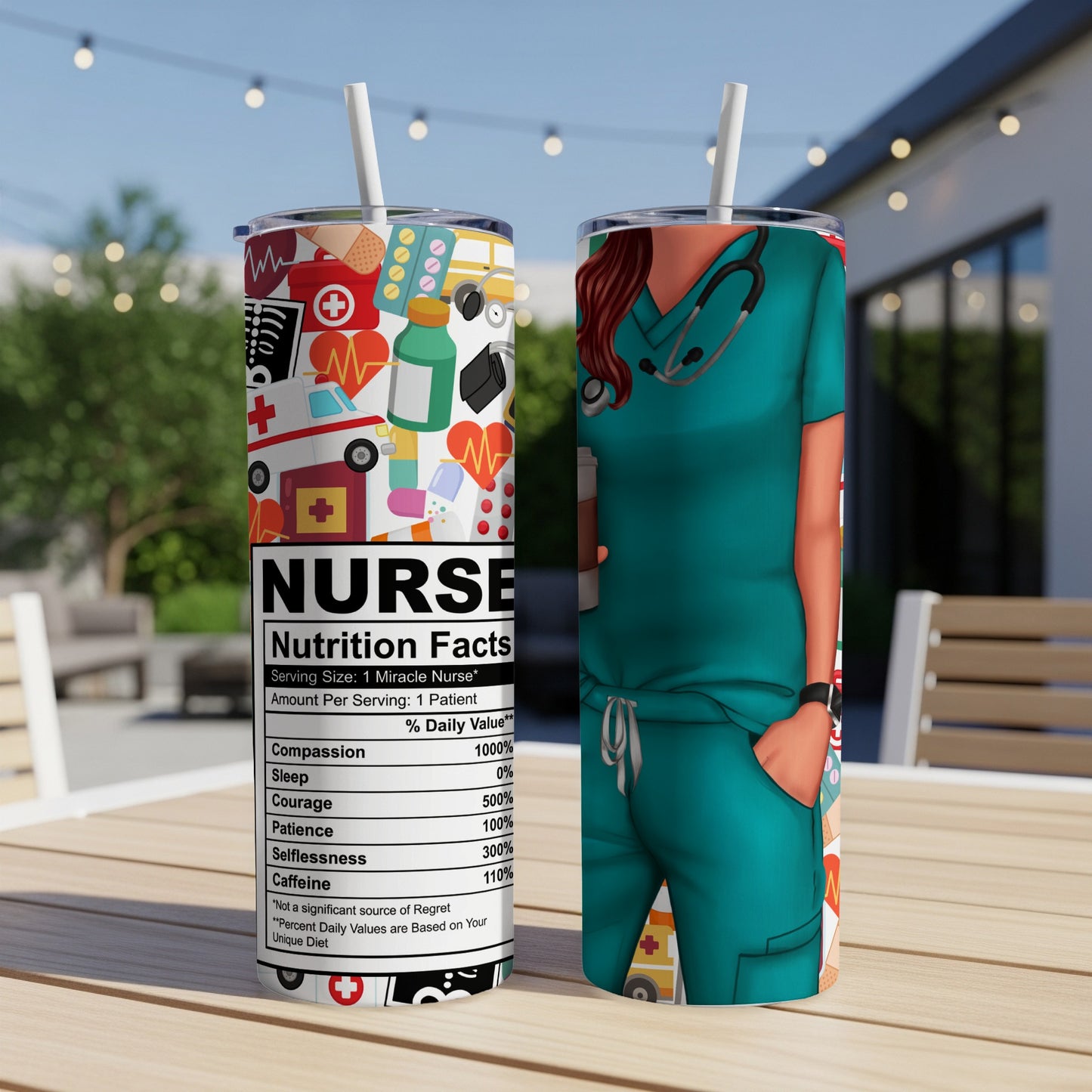 Nurse Nutrition Facts tumbler with medical symbols and a nurse's uniform.