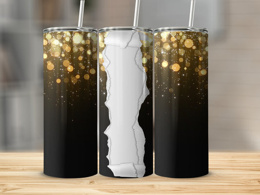 Three tumblers with a black gradient and torn paper design, set on a wooden surface.
