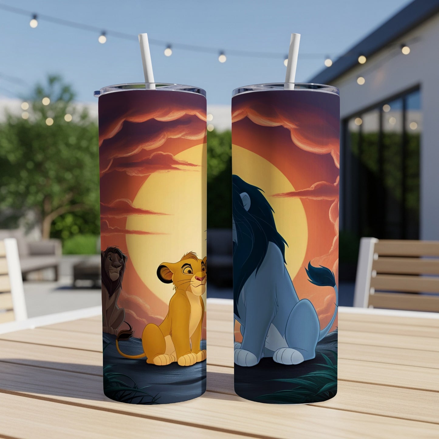 Simba and Scar from The Lion King on a sunset background.