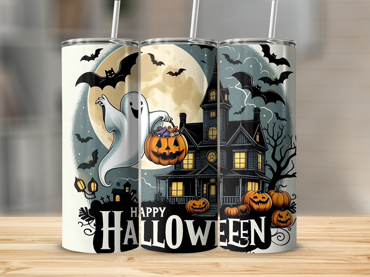 Halloween tumblers with ghost, bats, haunted house, pumpkins, and text.