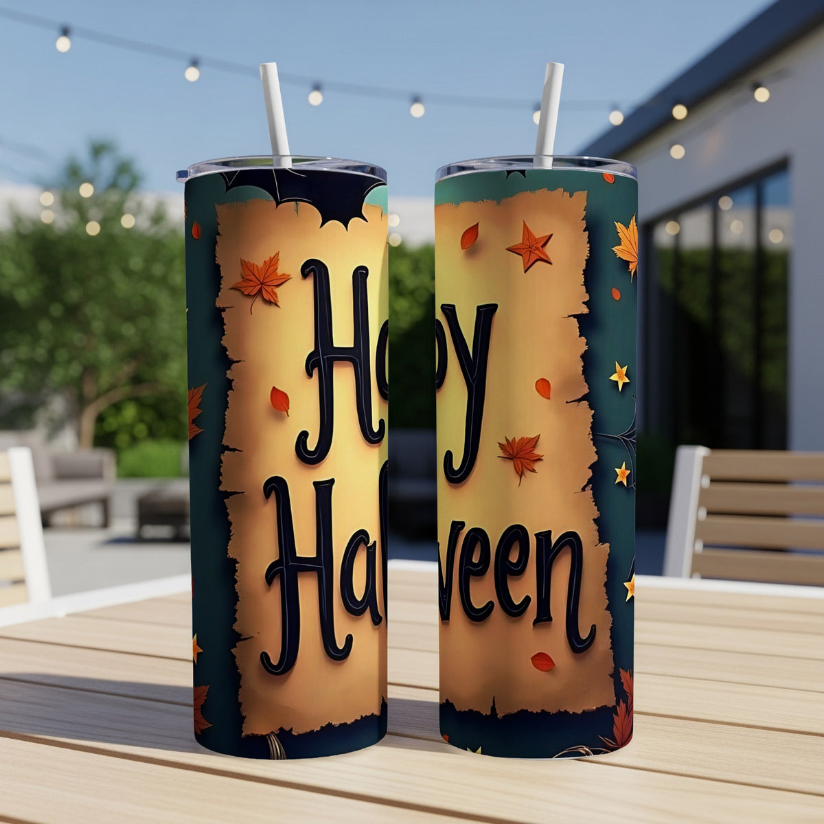 Two tumblers with "Happy Halloween" text and autumn leaf designs.