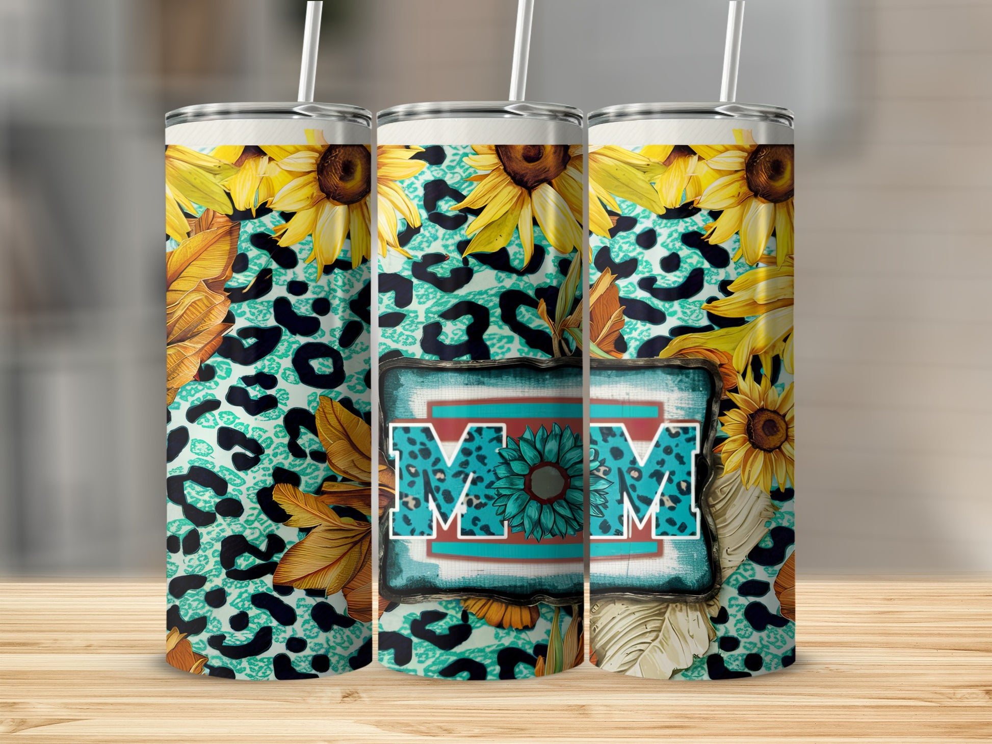 Tumbler with sunflowers, leopard print, and "MOM" in a decorative frame.