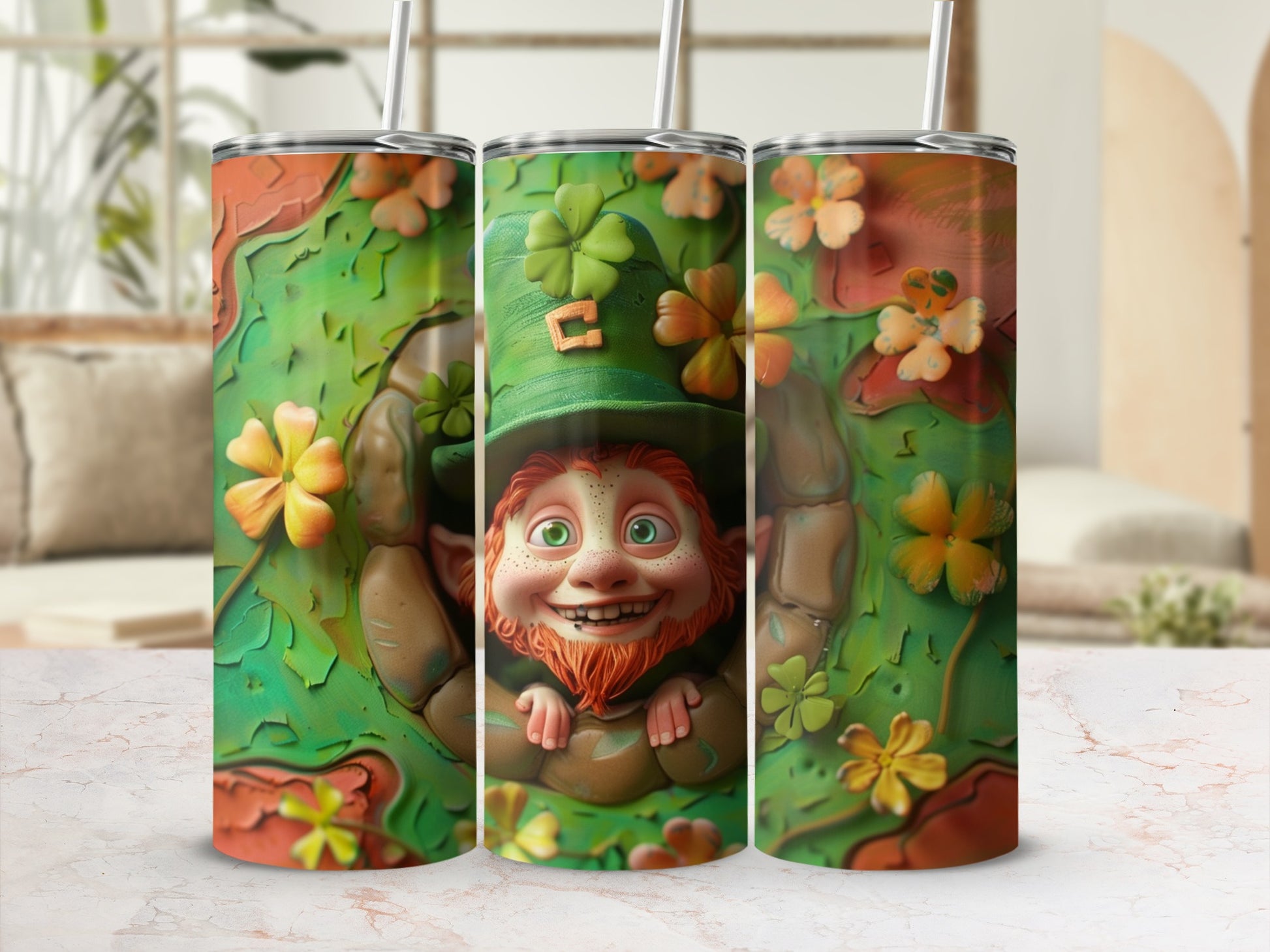 Leprechaun peeking from a clover-filled hole, green hat with buckle.