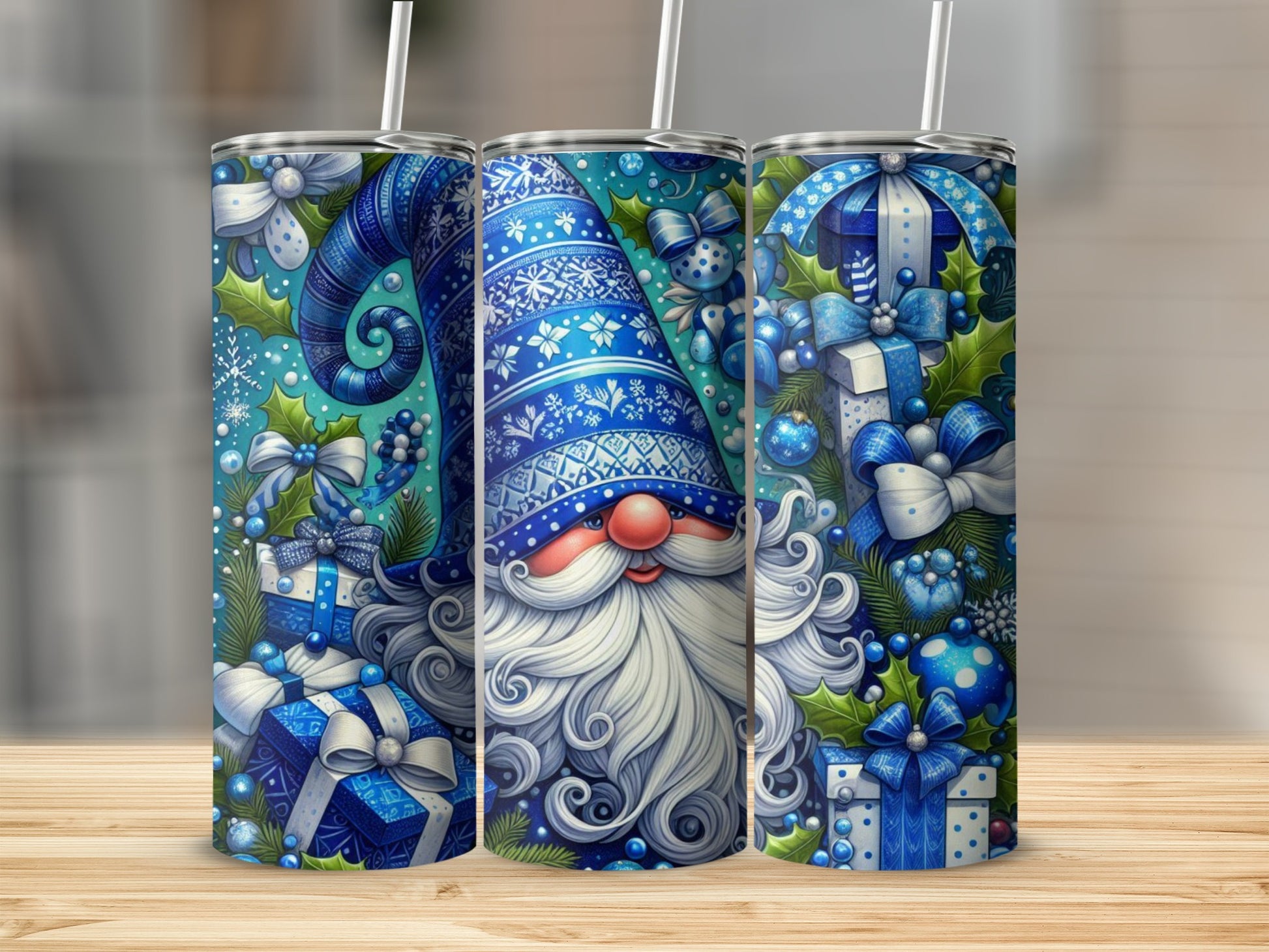 Blue gnome with white beard, surrounded by gifts and snowflakes.