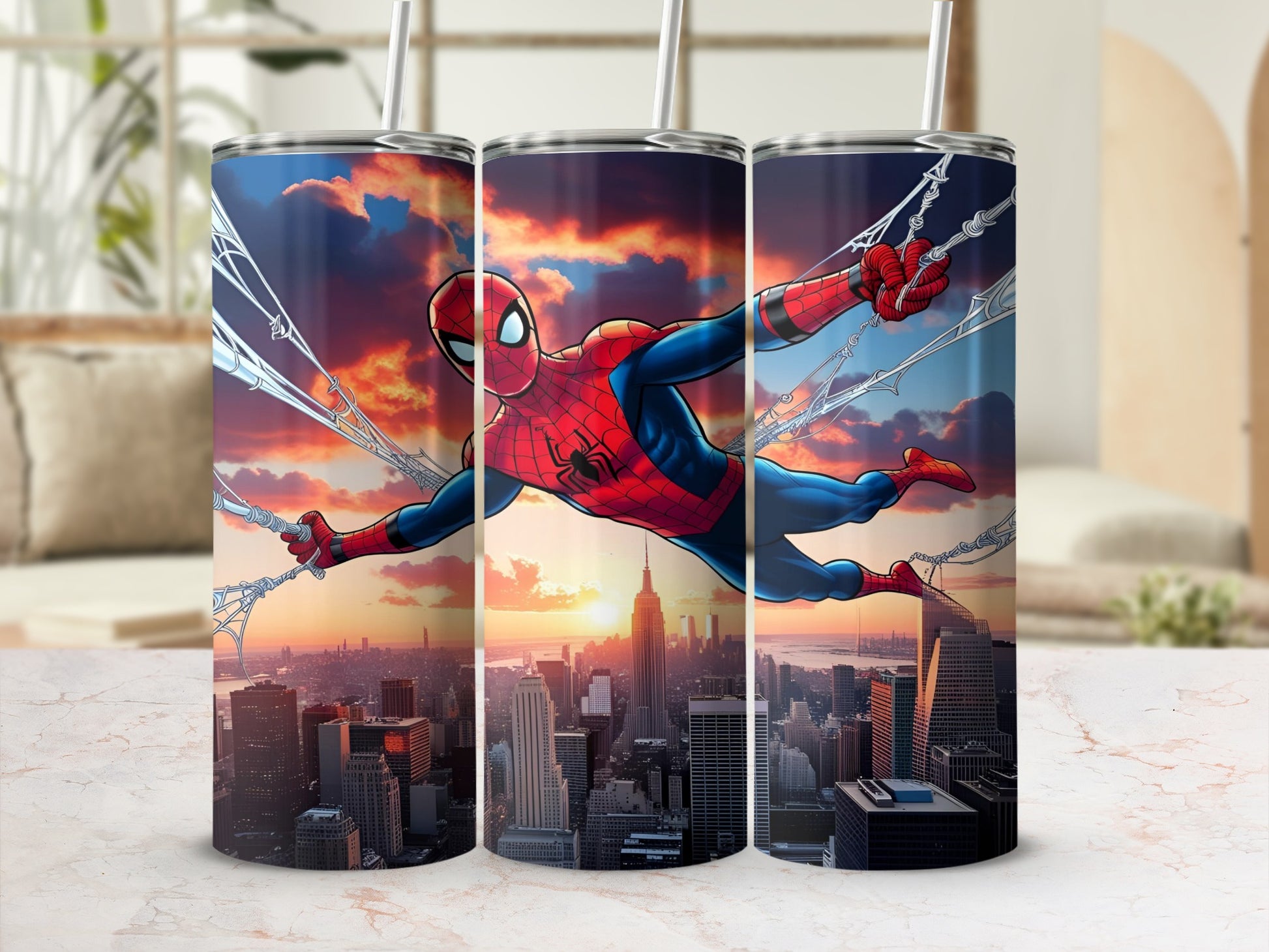 Spiderman swinging through a city skyline at sunset on a patterned tumbler.