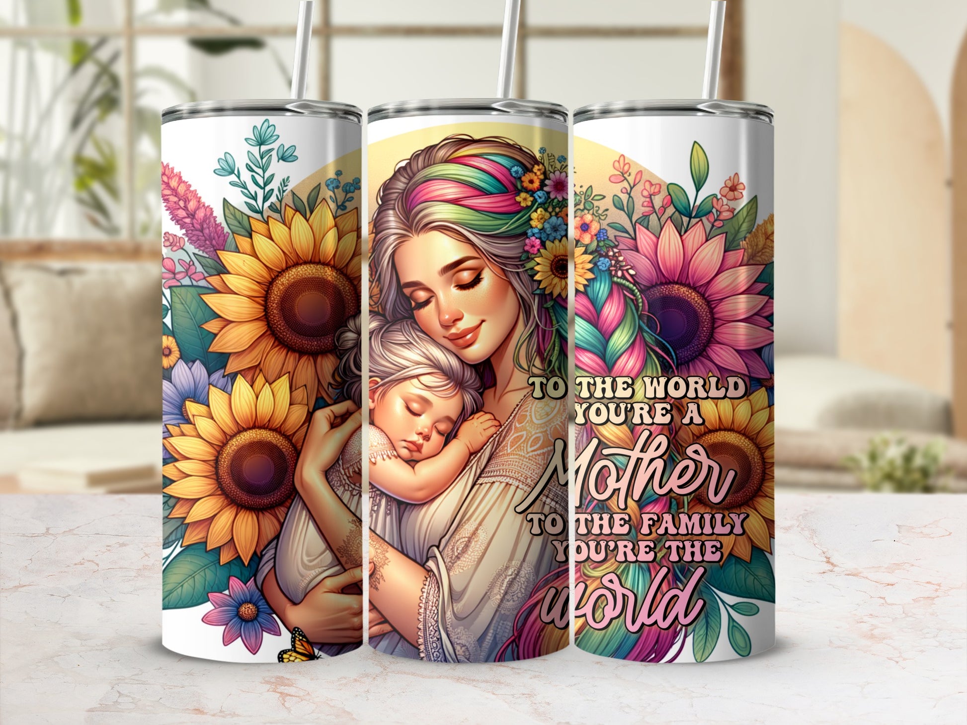 Mother and child illustration with sunflowers, flowers, and text.