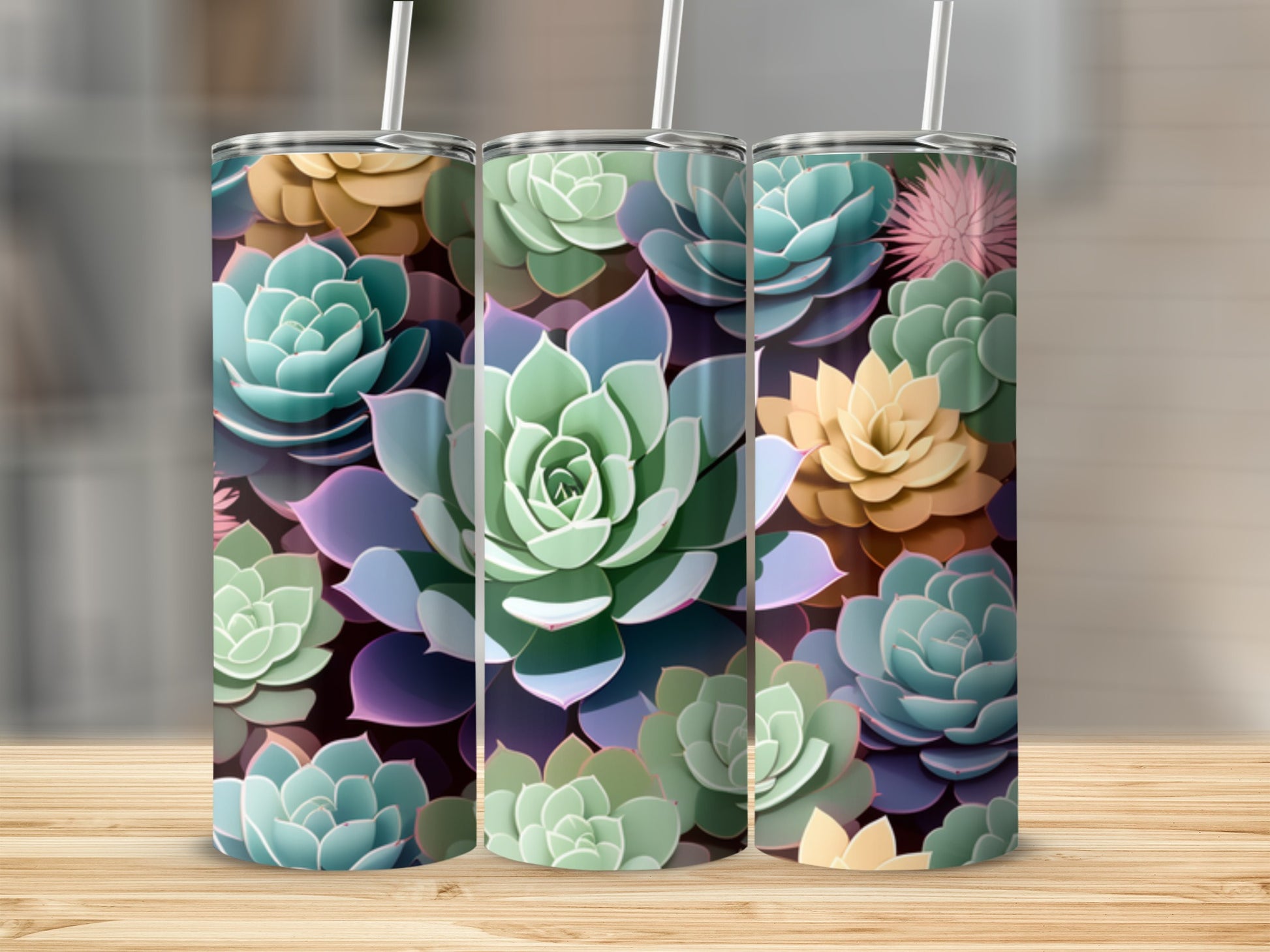 Three tumblers with a colorful succulent plant pattern.