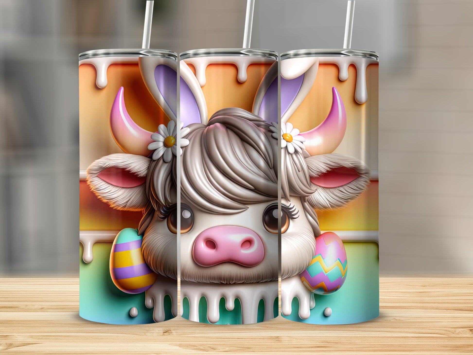 Cute cartoon cow with bunny ears and Easter eggs on a tumbler.
