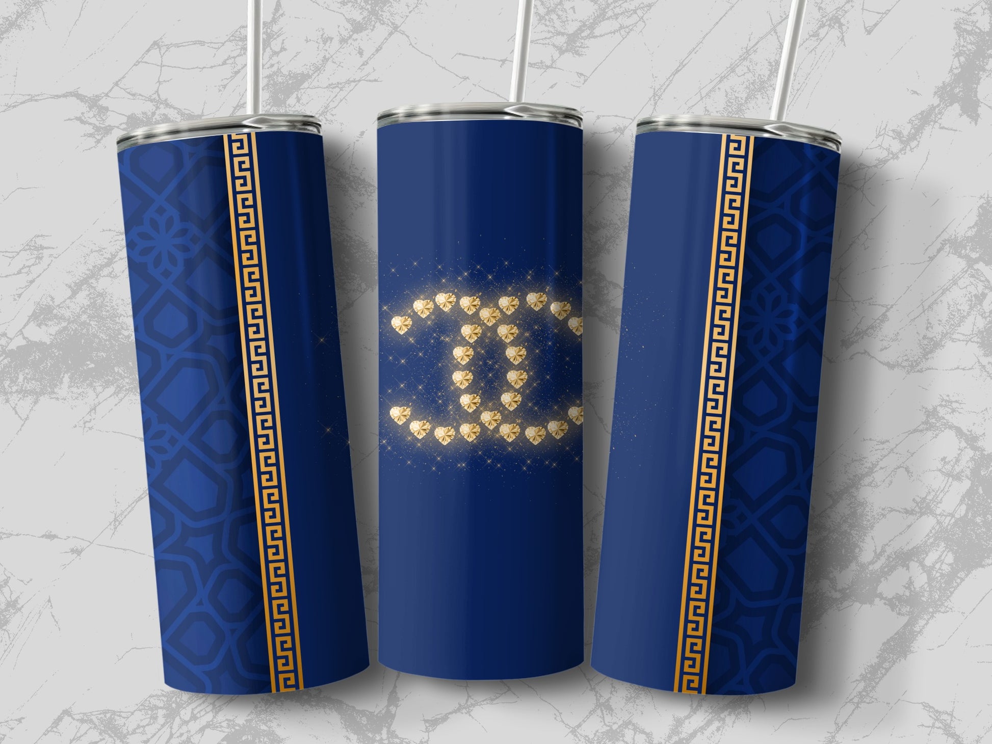 Elegant Blue Tumbler with Gold Pattern Design