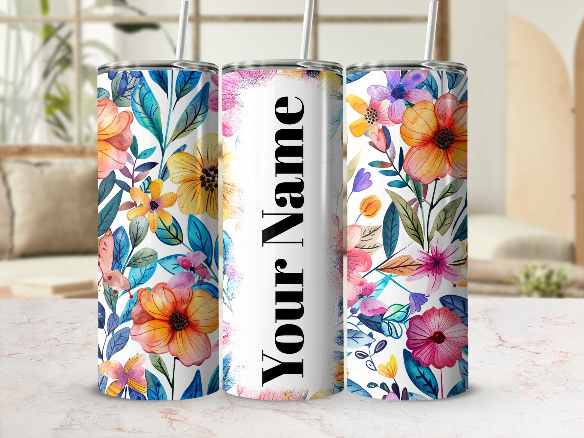 Personalized Floral Design Insulated Tumbler Cup