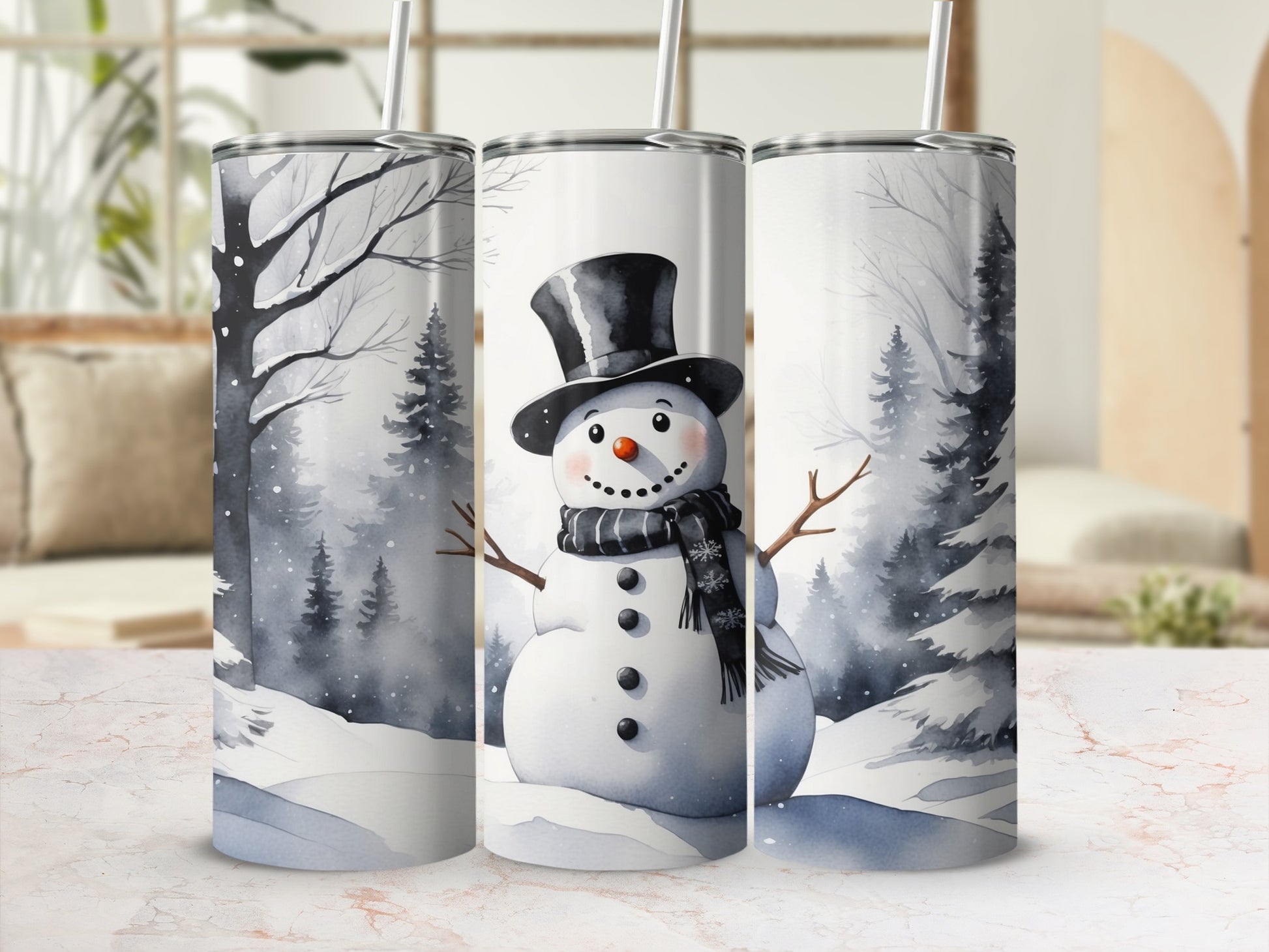 Snowman in black top hat and scarf on winter forest background.
