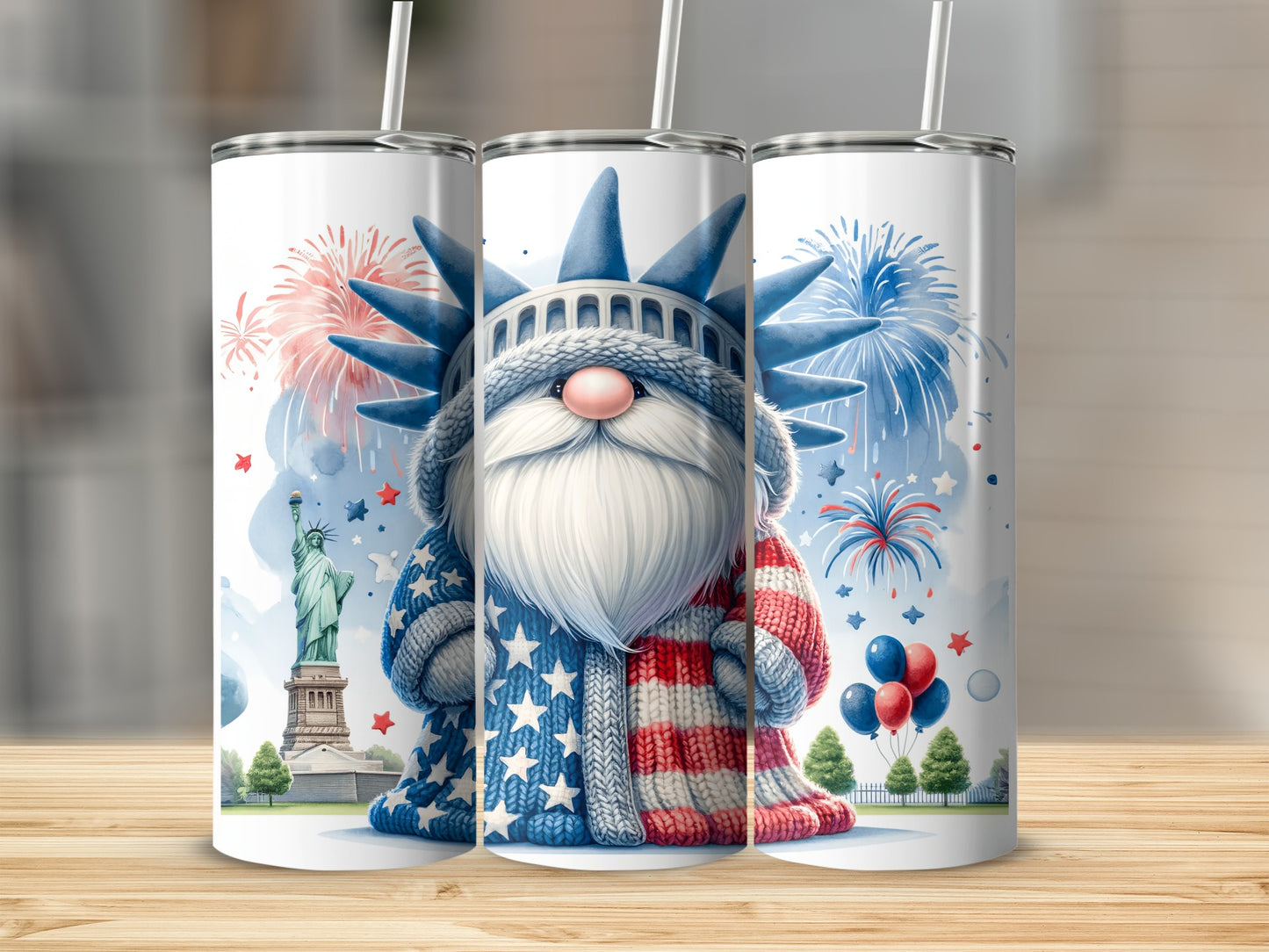 Patriotic gnome in Statue of Liberty costume with fireworks and balloons.