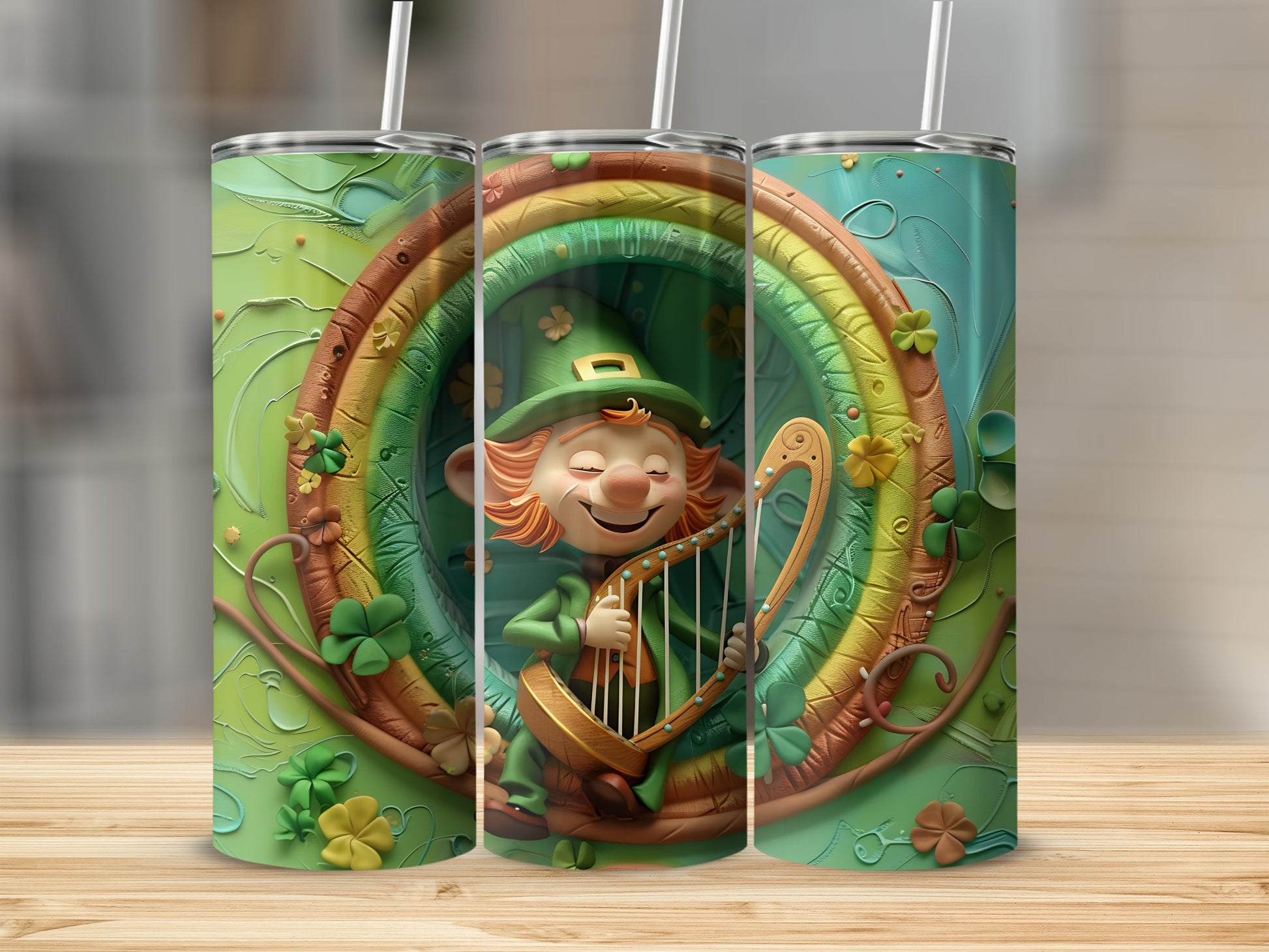 Leprechaun playing a harp under a rainbow with shamrocks and a pot of gold.
