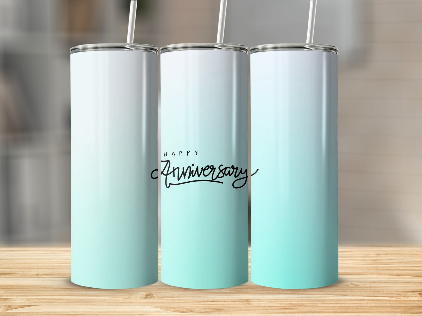Three white and teal gradient tumblers with "Happy Anniversary" text.