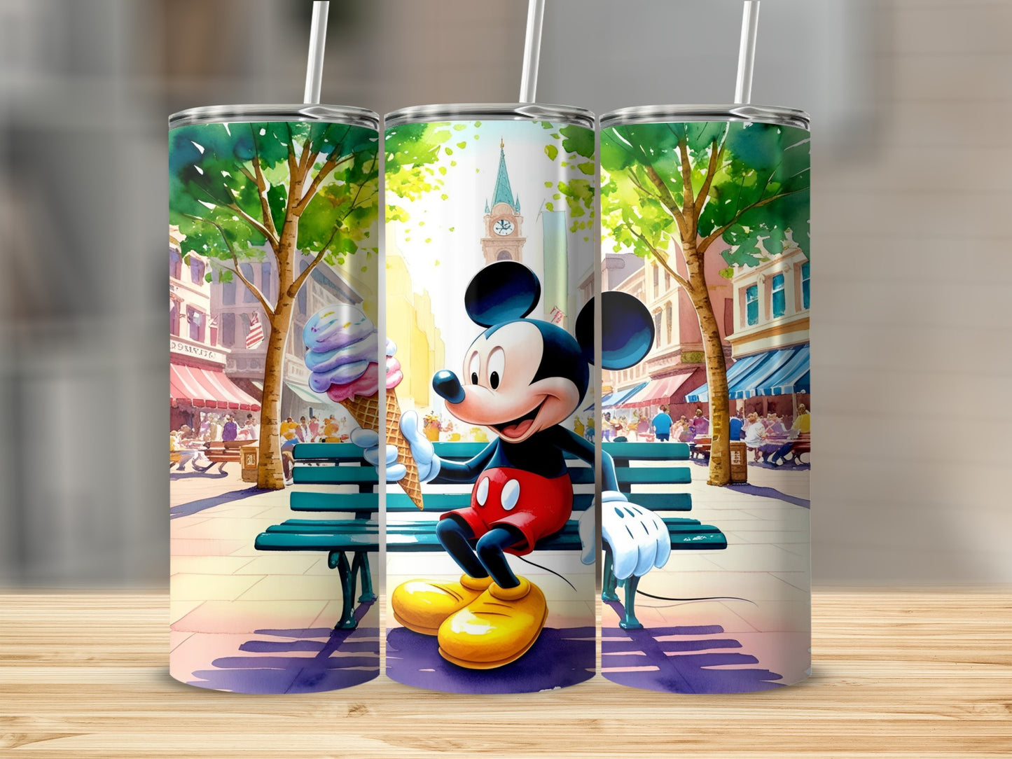 Mickey Mouse on a bench eating an ice cream cone in a park.