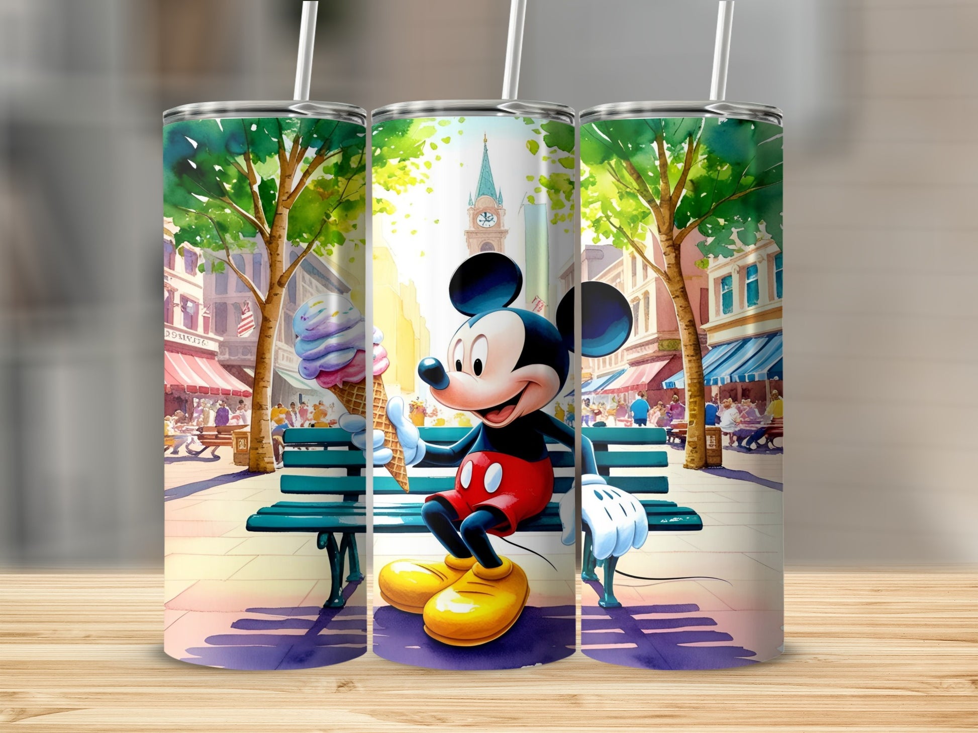 Mickey Mouse on a bench eating an ice cream cone in a park.