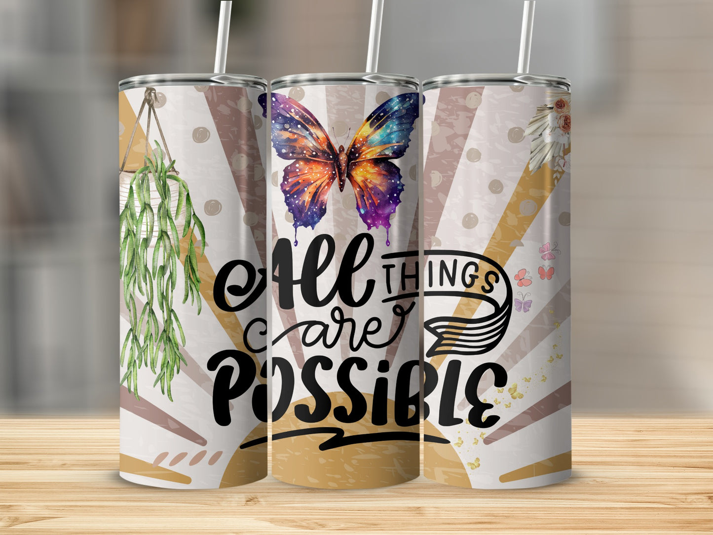 Inspirational Quote Butterfly and Floral Print Tumbler
