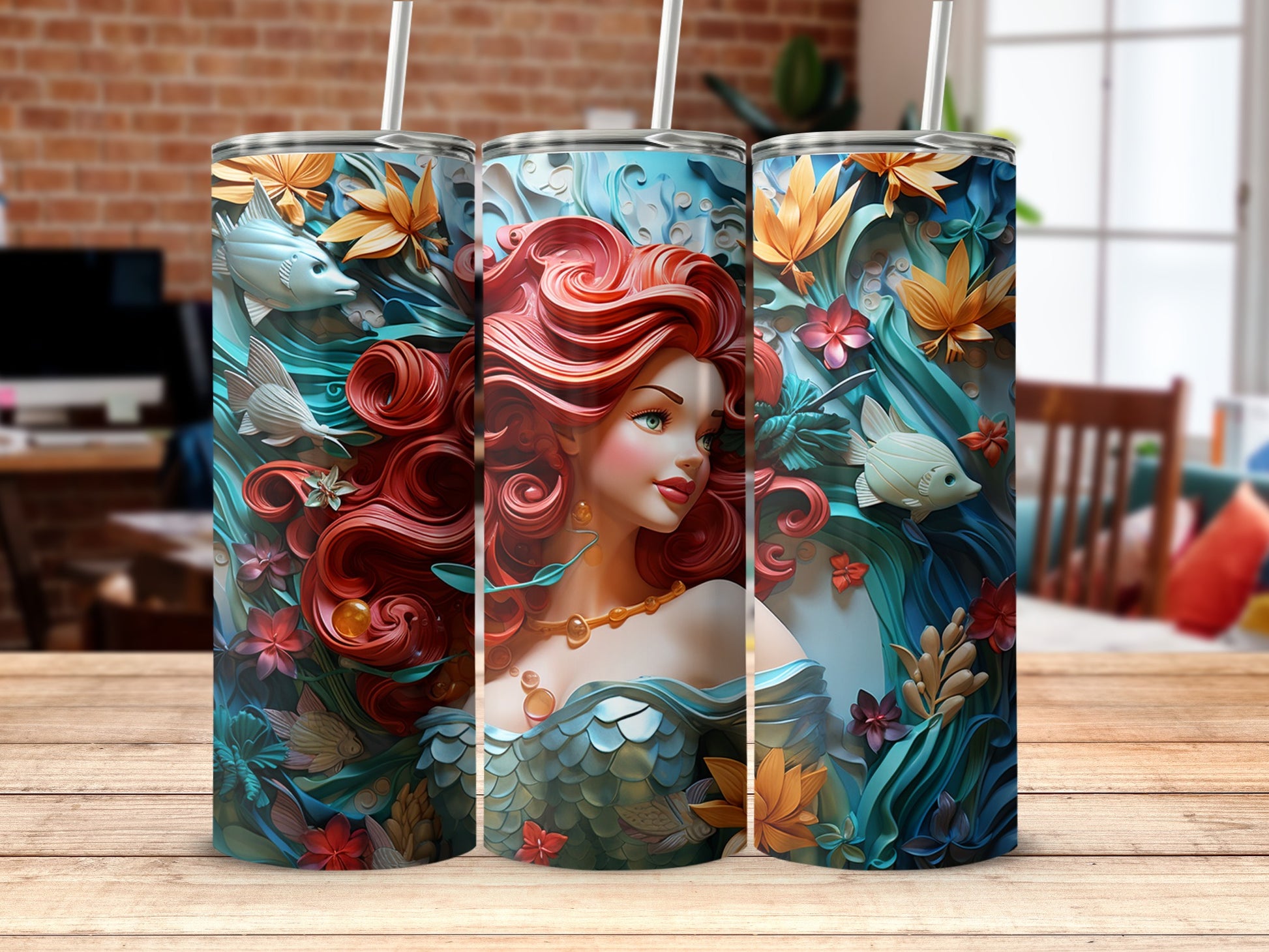 Mermaid Art Tumbler with Floral Coral Design