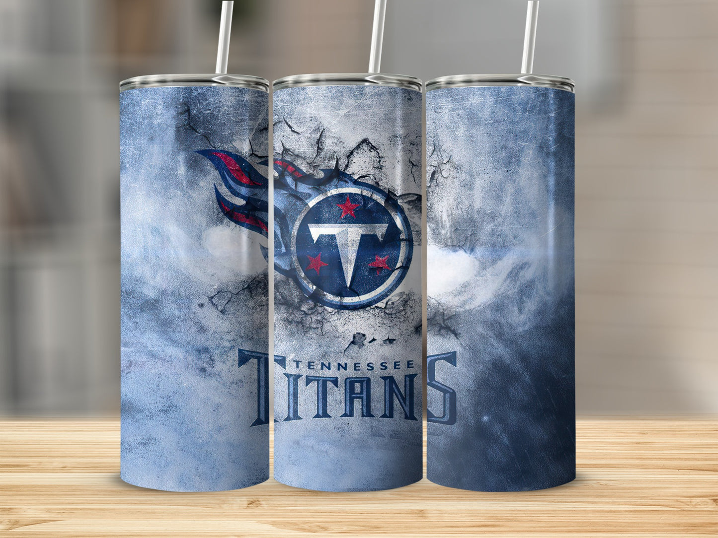 Tennessee Titans tumbler with distressed logo and text.