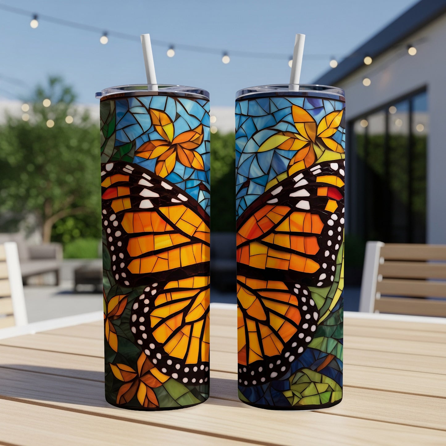Two tumblers with monarch butterfly and stained glass mosaic design.