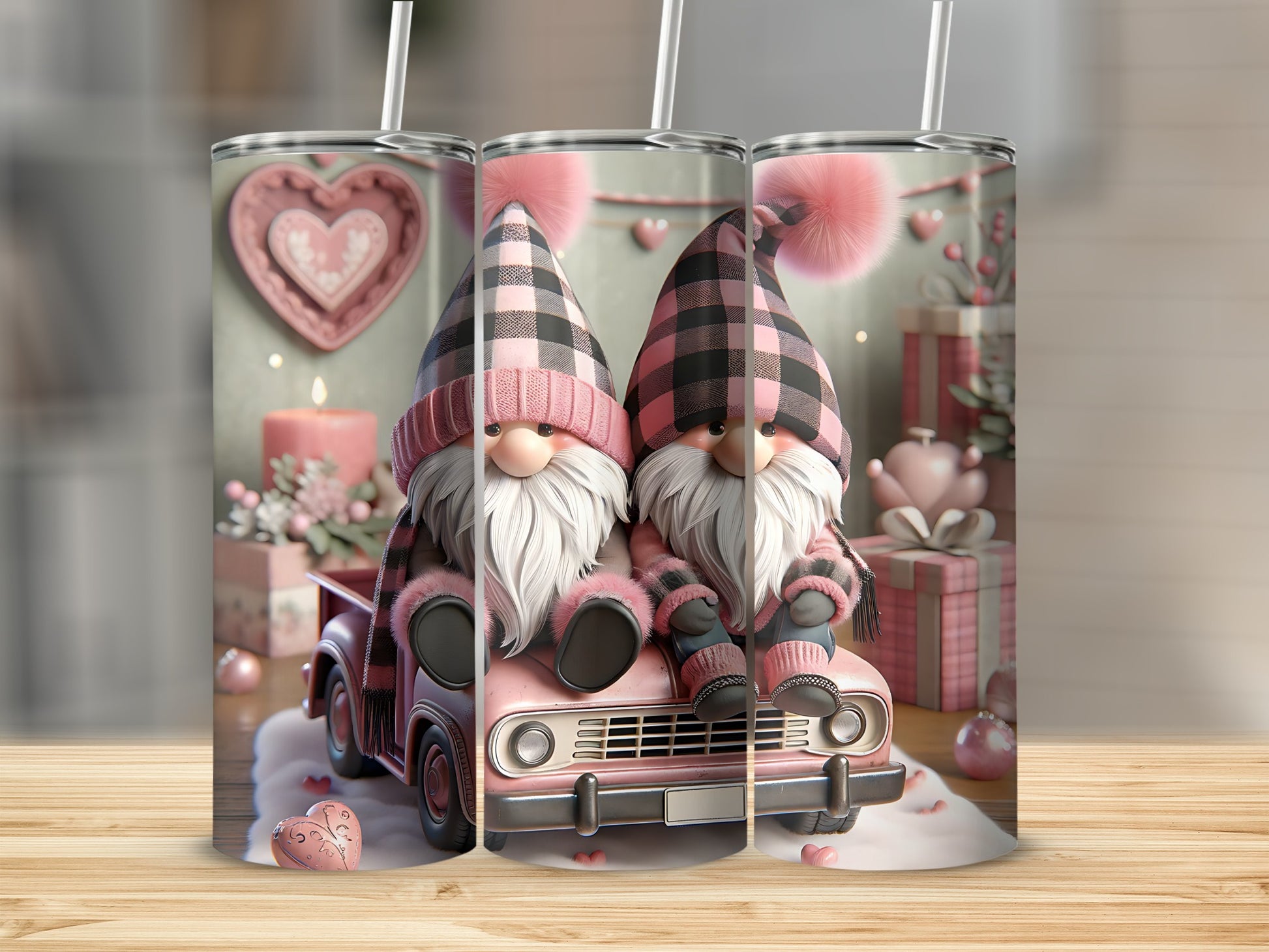 Two gnomes in plaid outfits sit in a pink truck, decorated for Valentine's Day.