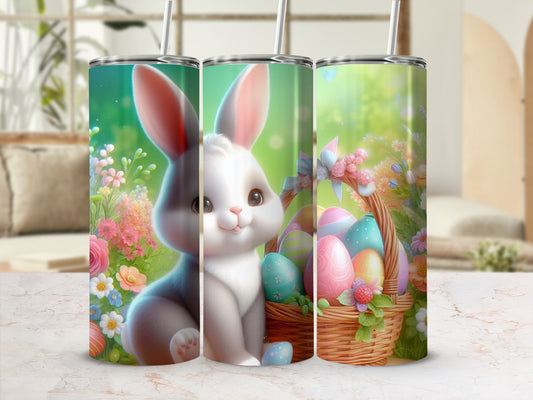 Easter bunny with basket of colorful eggs on a white marble surface.
