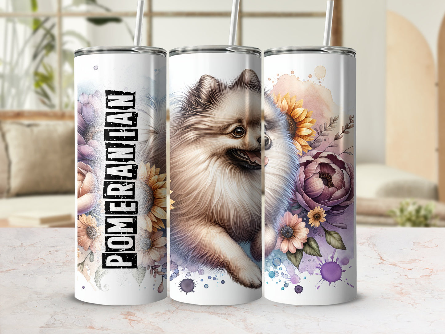 Three Pomeranian dog tumblers with floral accents and "Pomeranian" text.