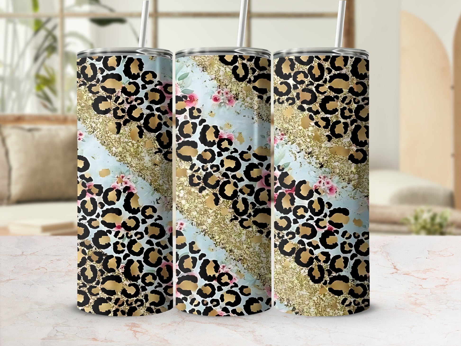 Floral Leopard Print Tumbler with Glitter Accents Product