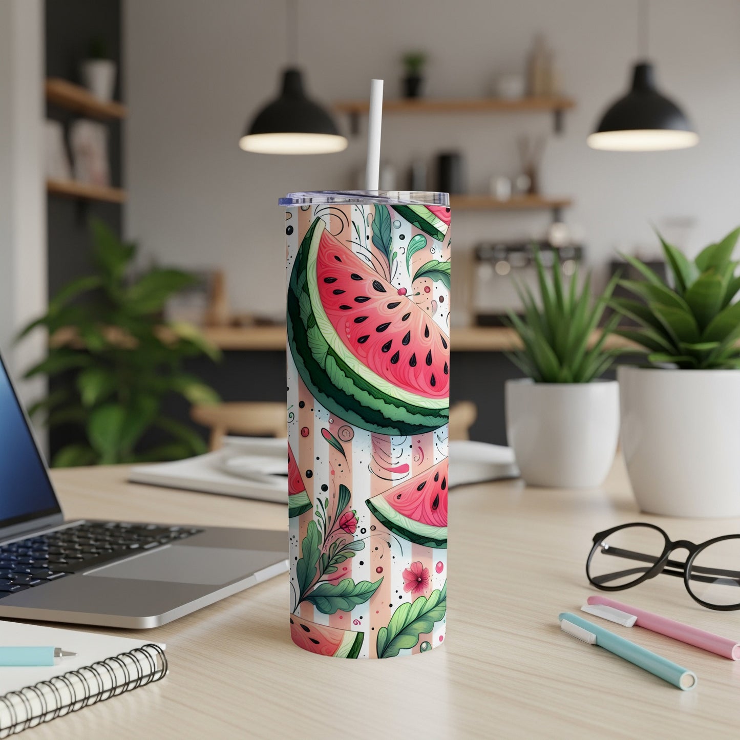 Tall tumbler with watermelon and floral design and a straw.