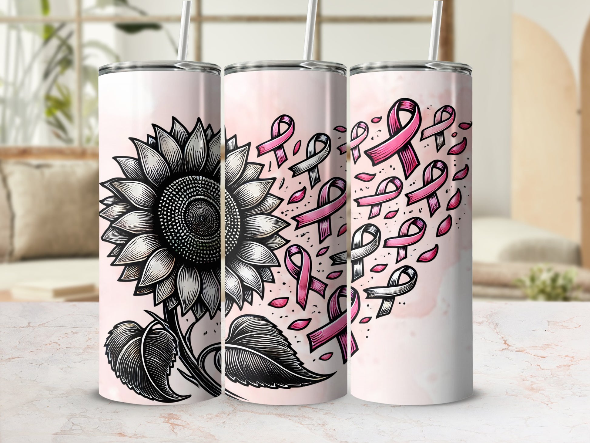 Sunflower and pink ribbons form a heart shape on three tumblers.