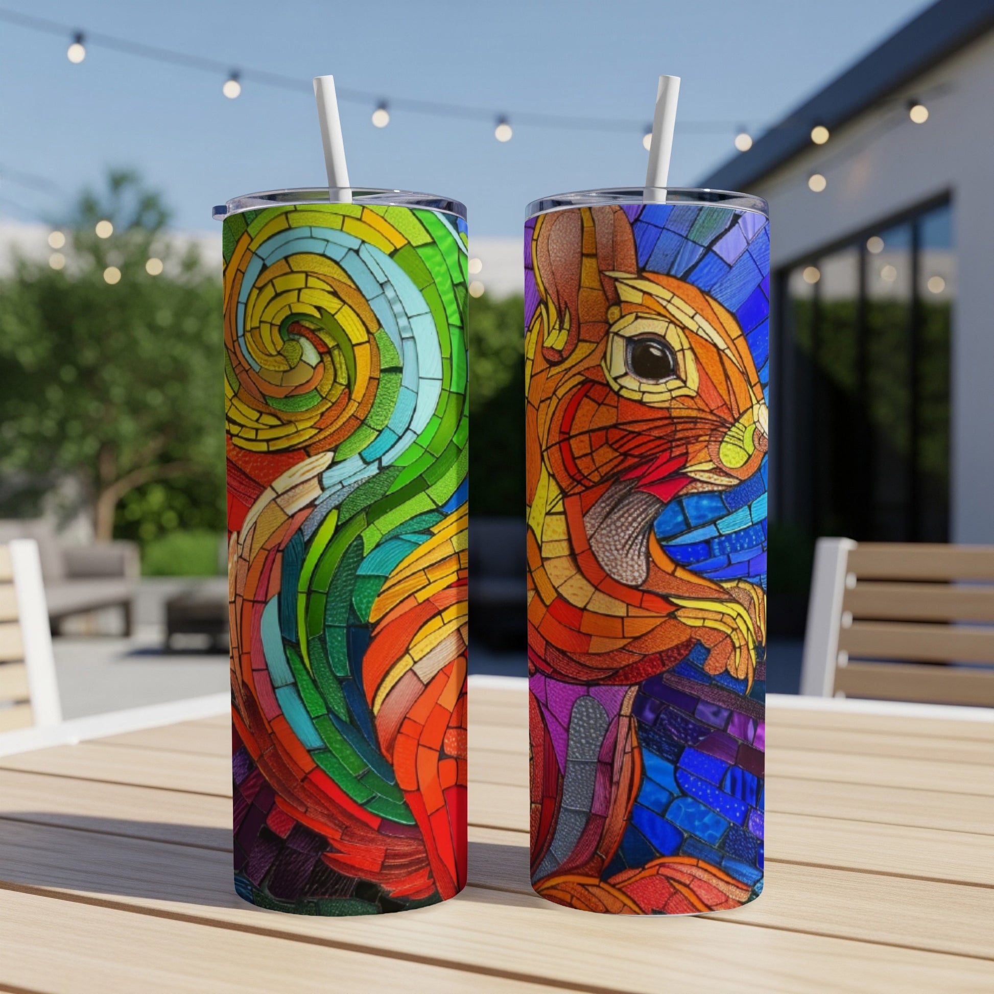 Two stained glass-style tumblers featuring a squirrel and a colorful swirl design.