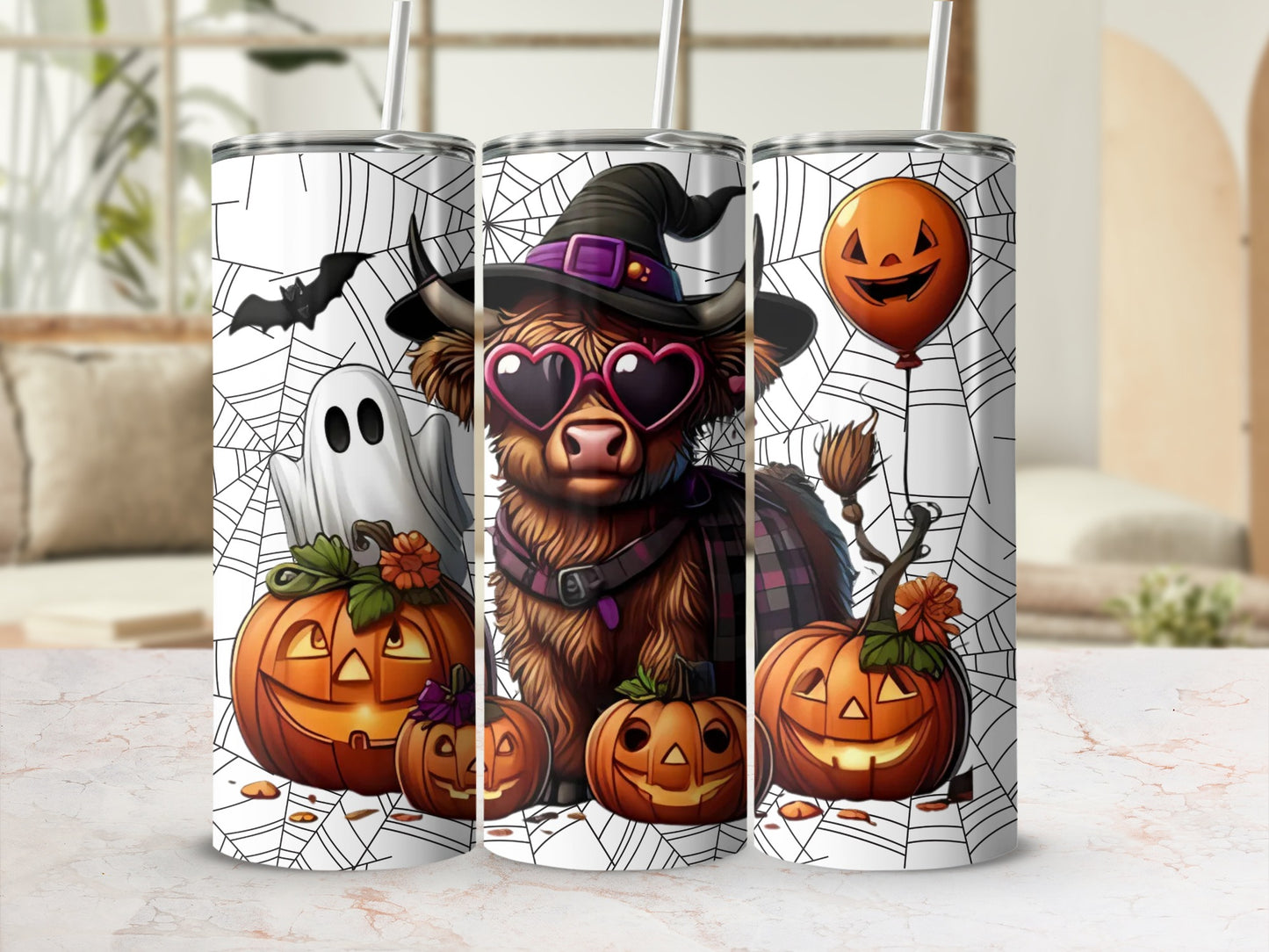 Halloween Highland Cow Ghost Spiderweb Tumbler