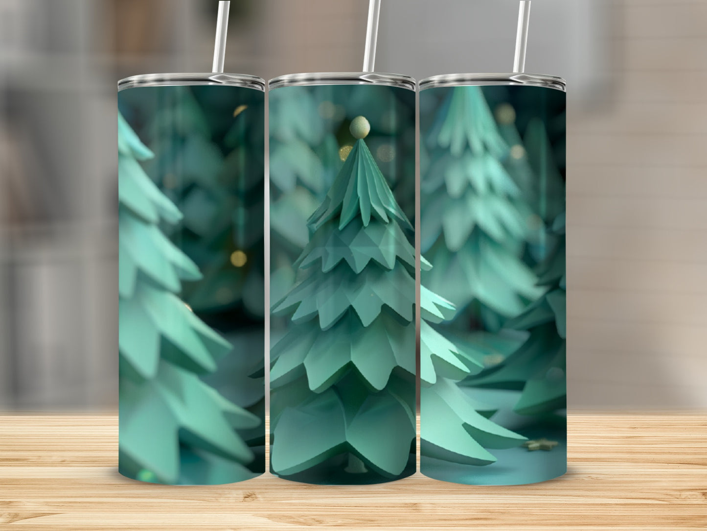 Three teal geometric Christmas trees with subtle bokeh lights.