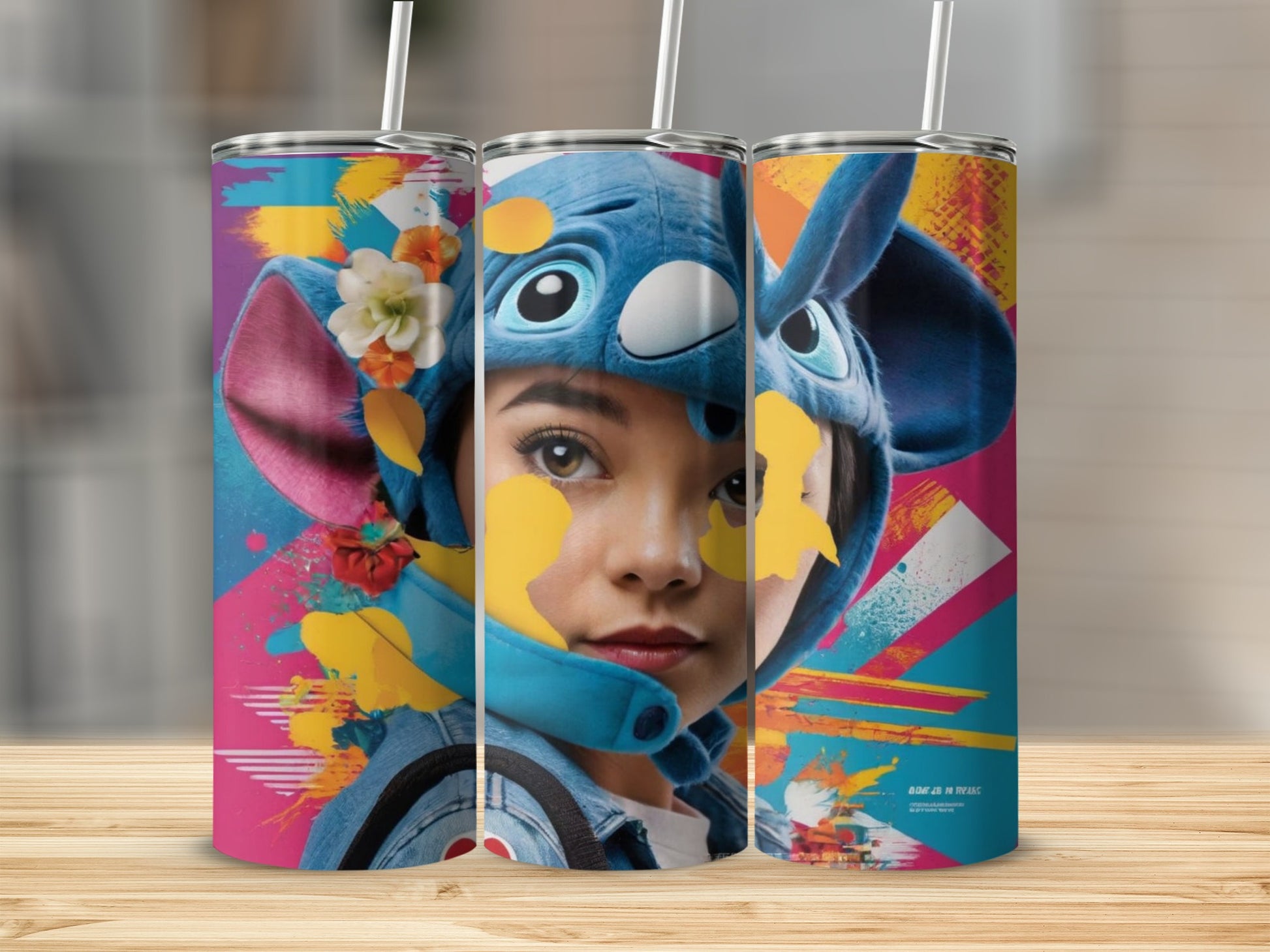 Stitch costume face on three tumblers with colorful abstract background.