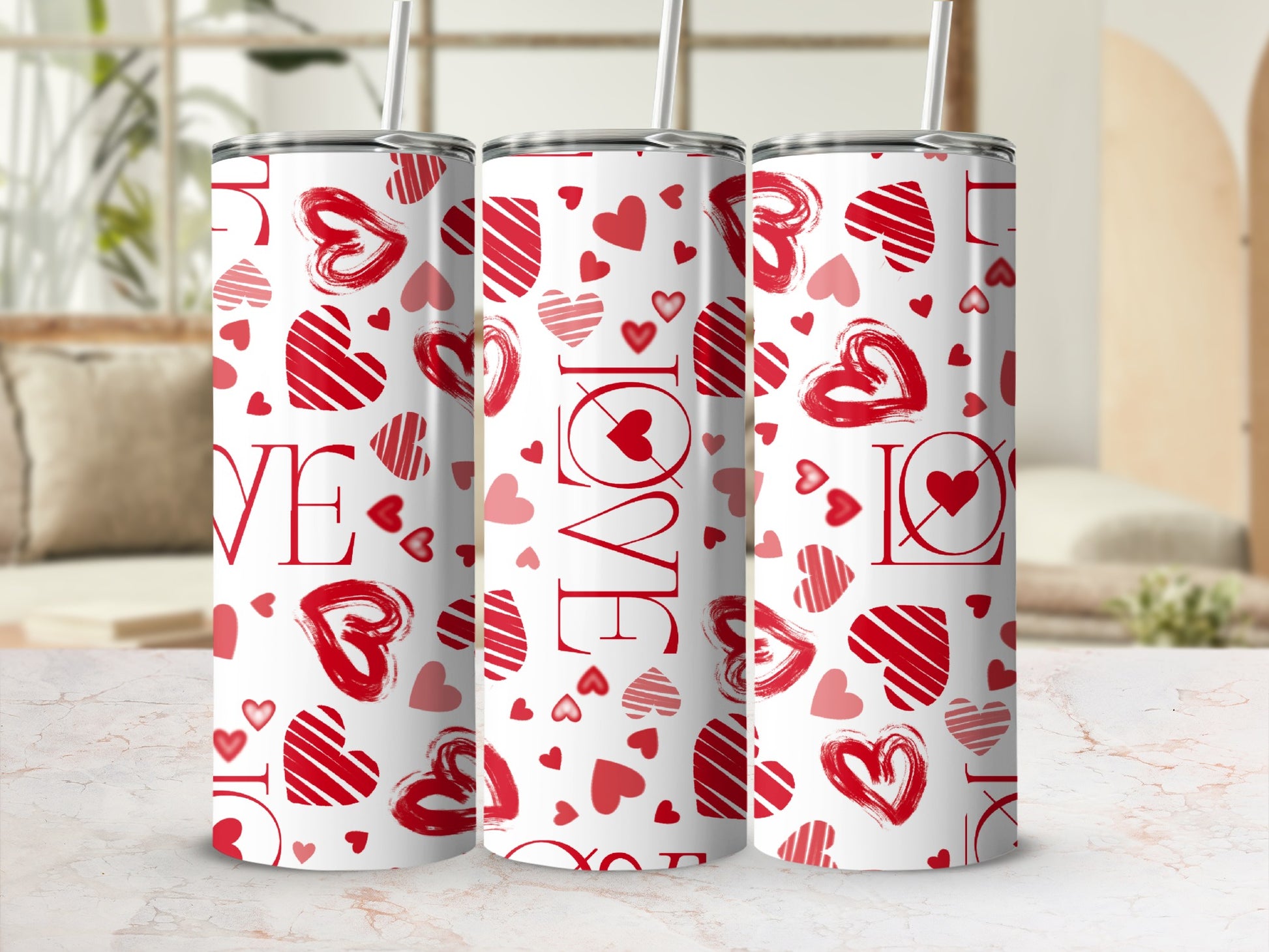 Red Hearts LOVE Text Pattern White Tumbler product type
