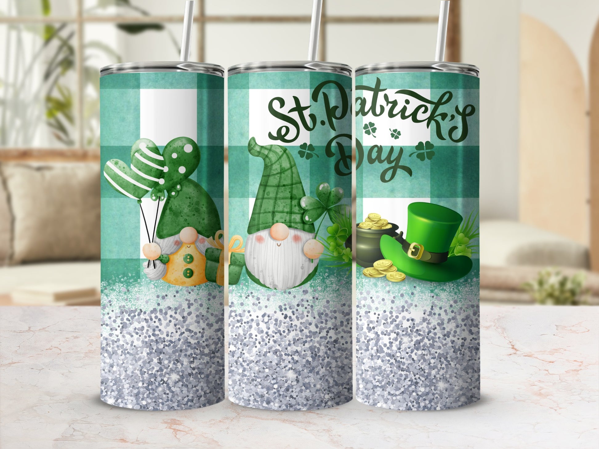 St. Patrick's Day themed tumbler with gnomes, shamrocks, and a leprechaun hat.