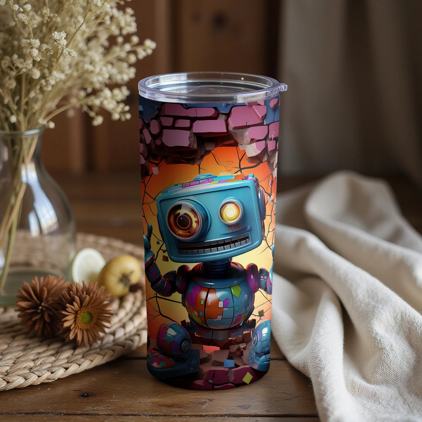 Quirky robot artwork on a vibrant insulated tumbler