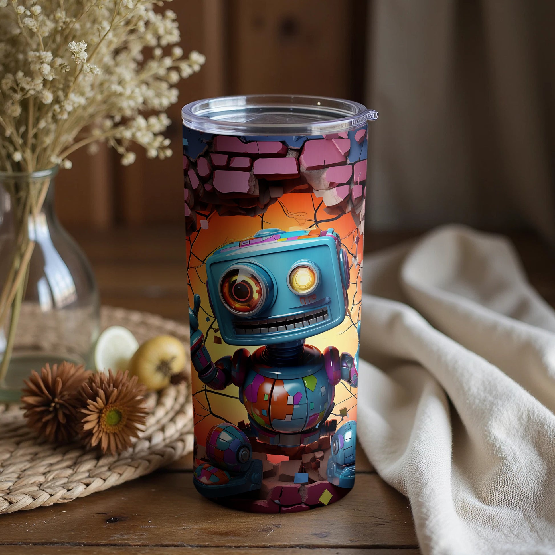 Quirky robot artwork on a vibrant insulated tumbler