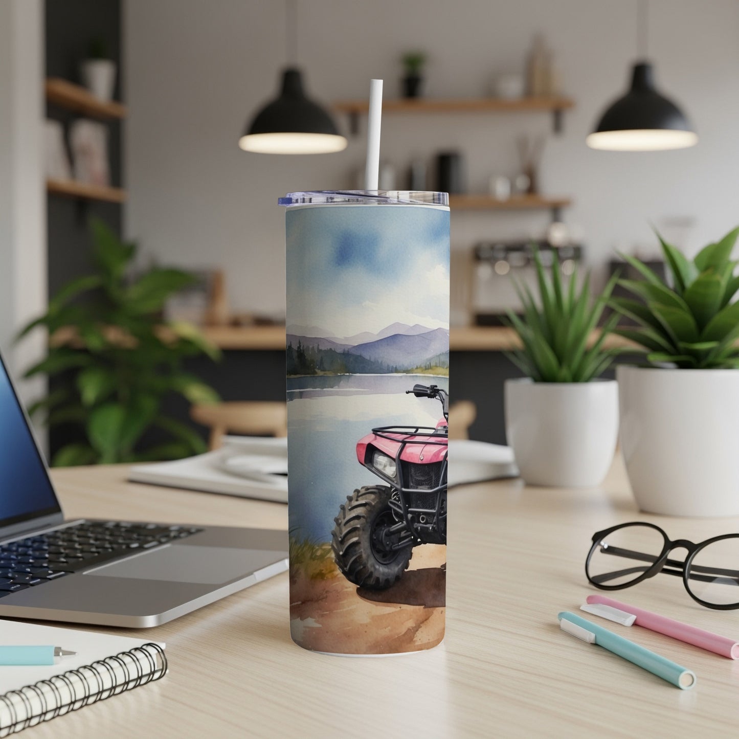Pink ATV on lake shore, mountains in background, printed on insulated tumbler.