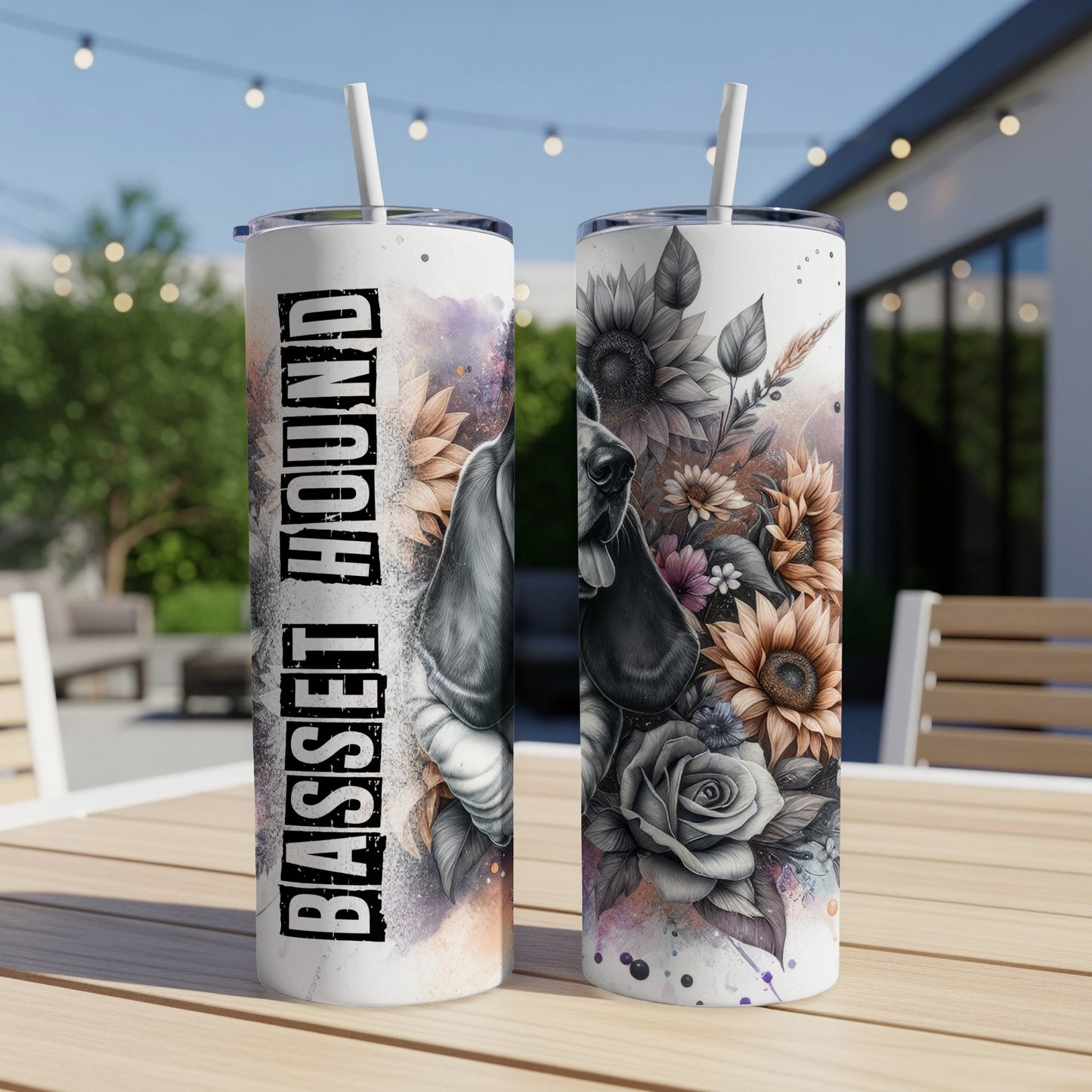 Two tall tumblers with a basset hound and floral design.