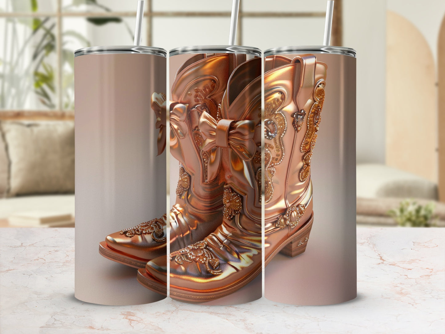 Rose gold cowboy boots with ornate embellishments and bows.