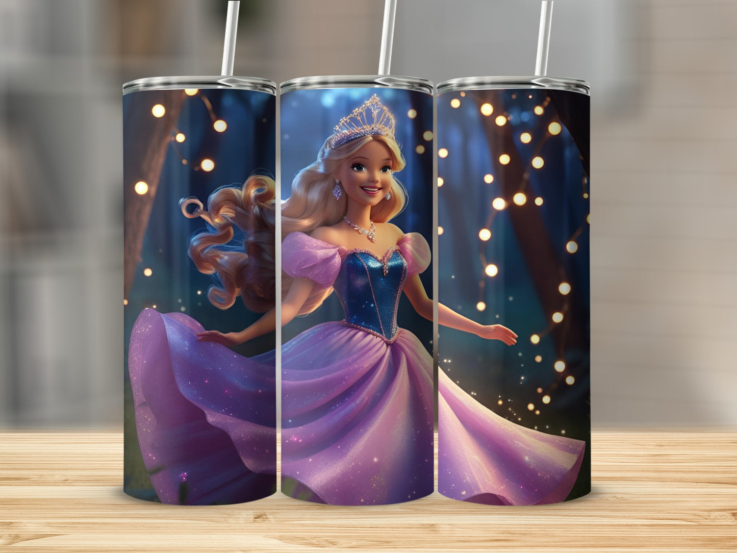 Barbie princess in a sparkly pink gown with a crown, on a wooden surface.