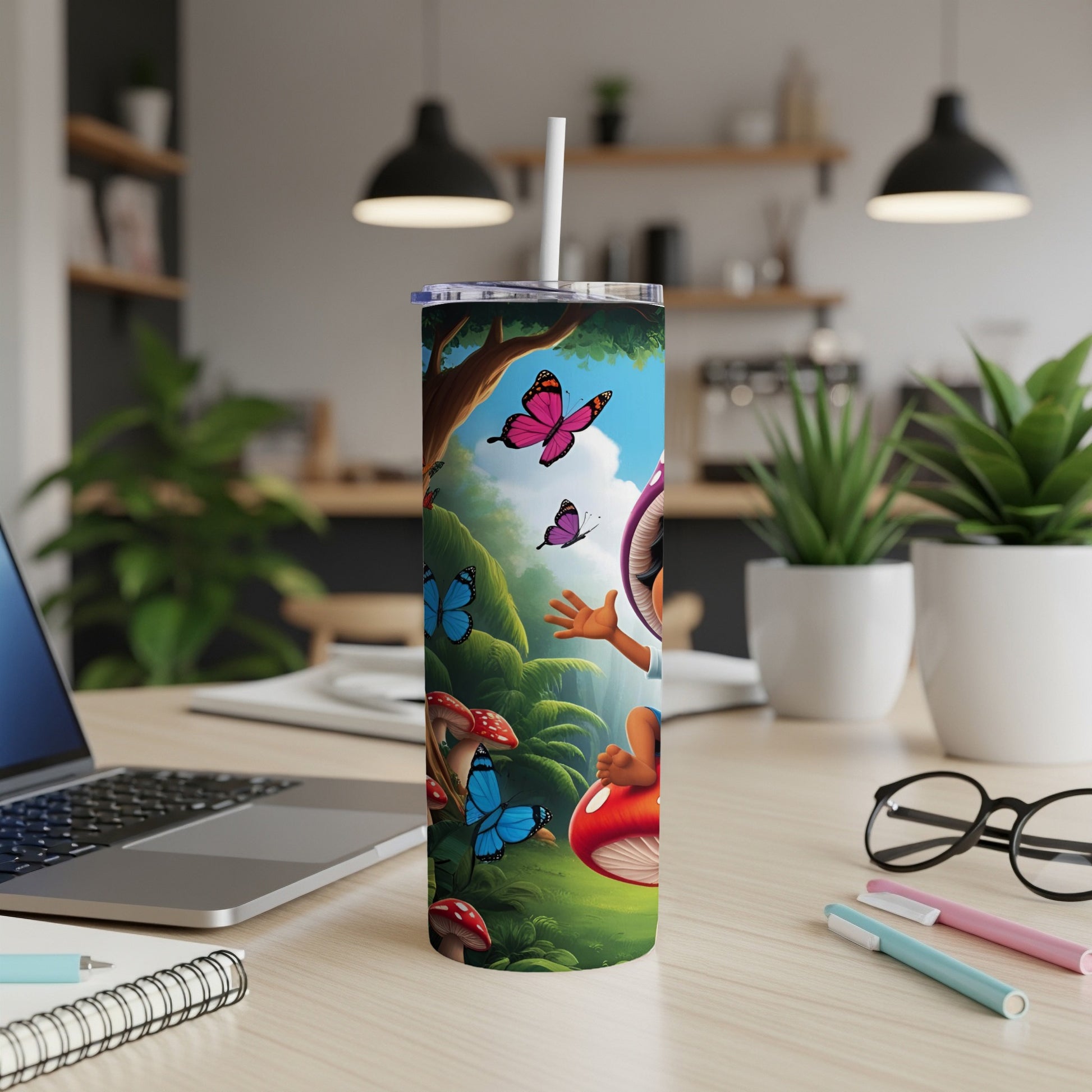 Tumbler with mushrooms, butterflies, and cartoon mushroom character.