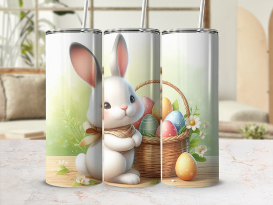Easter bunny with colorful eggs in a basket on a wooden surface.