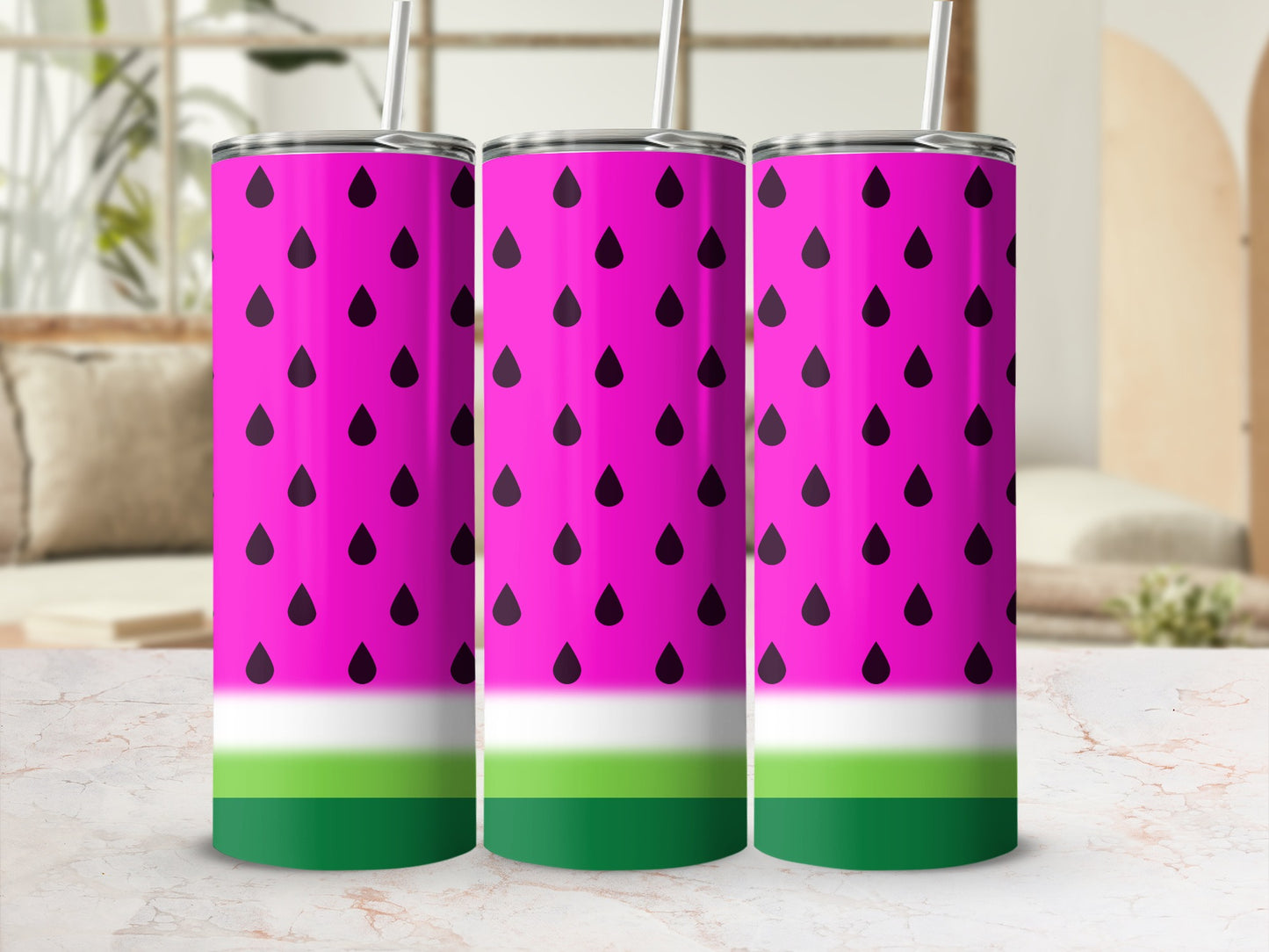 Three tumblers with pink watermelon rind pattern and green and white bands.