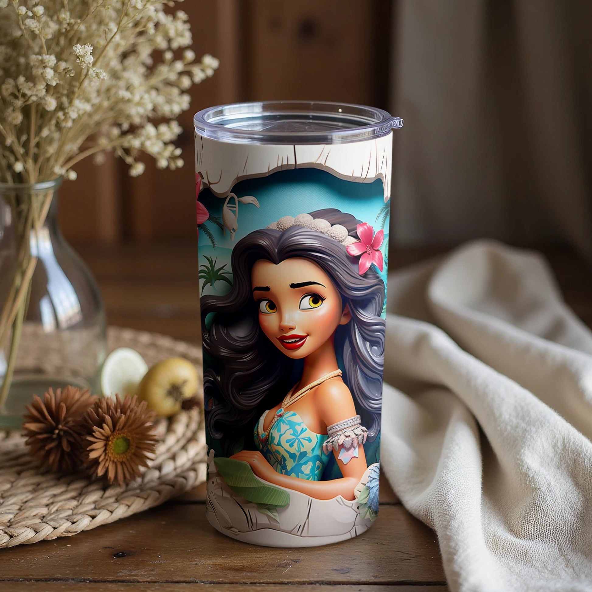 Vibrant floral adorned animated character tumbler