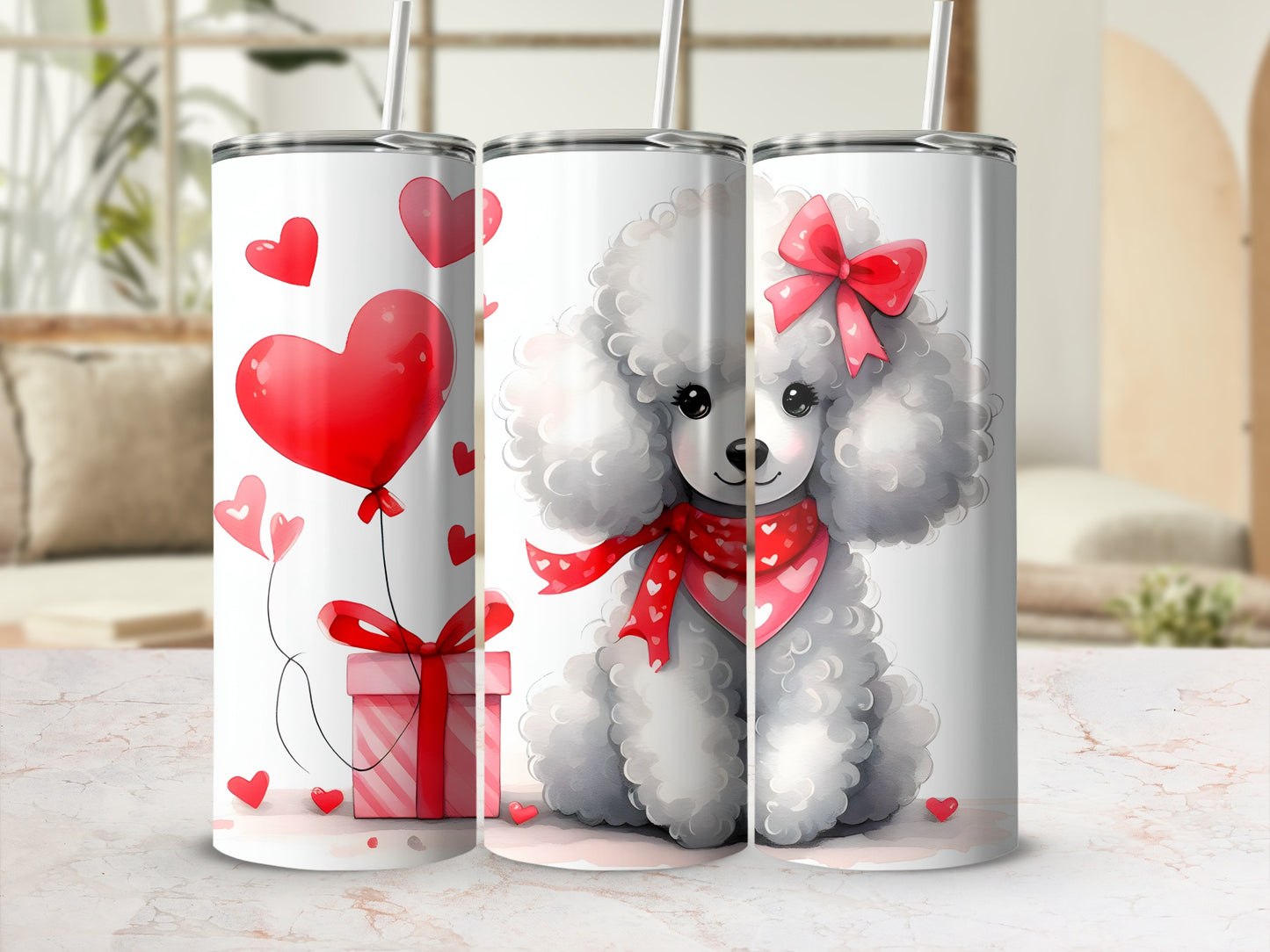 White poodle with red bow on skinny tumbler with hearts and gift box.