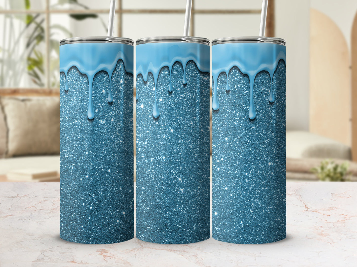 Blue Glitter Tumbler With Dripping Paint Design