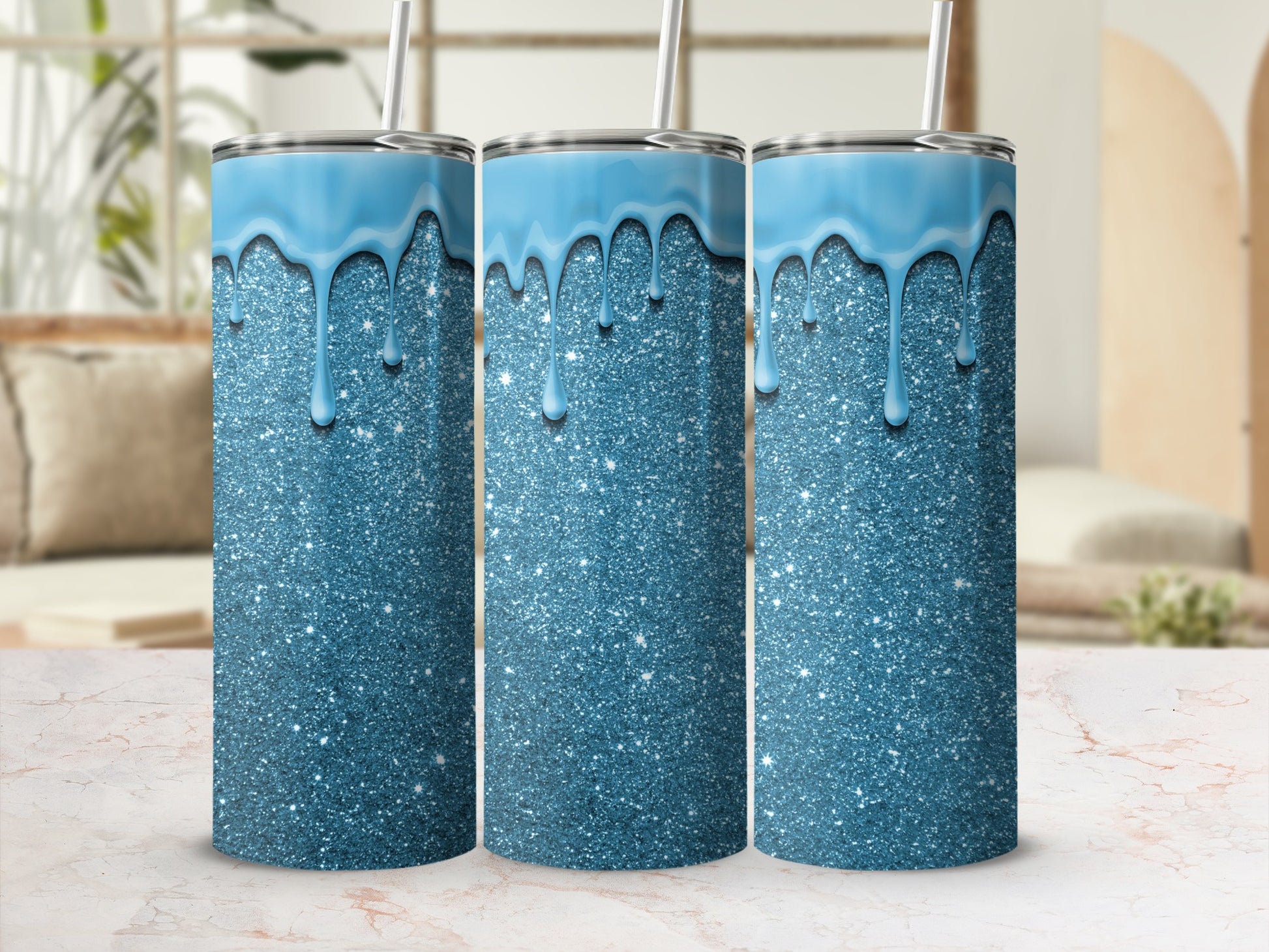 Blue Glitter Tumbler With Dripping Paint Design